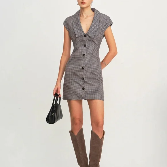 Zara NWT navy and brown mini houndstooth checkered lapel collar dress - Picture 2 of 9